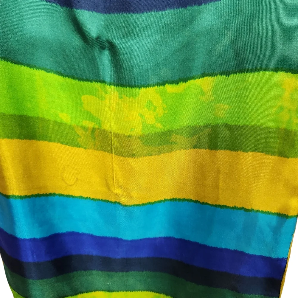 Echo Vintage Silk Long Neck Scarf Striped Watercolor Tie Dye Blue Green Women OS